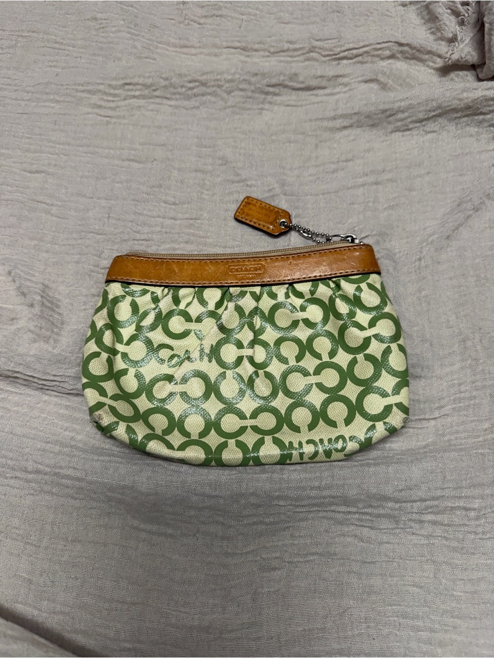 Coach Green Signature Canvas Wristlet with Tan Leather Trim